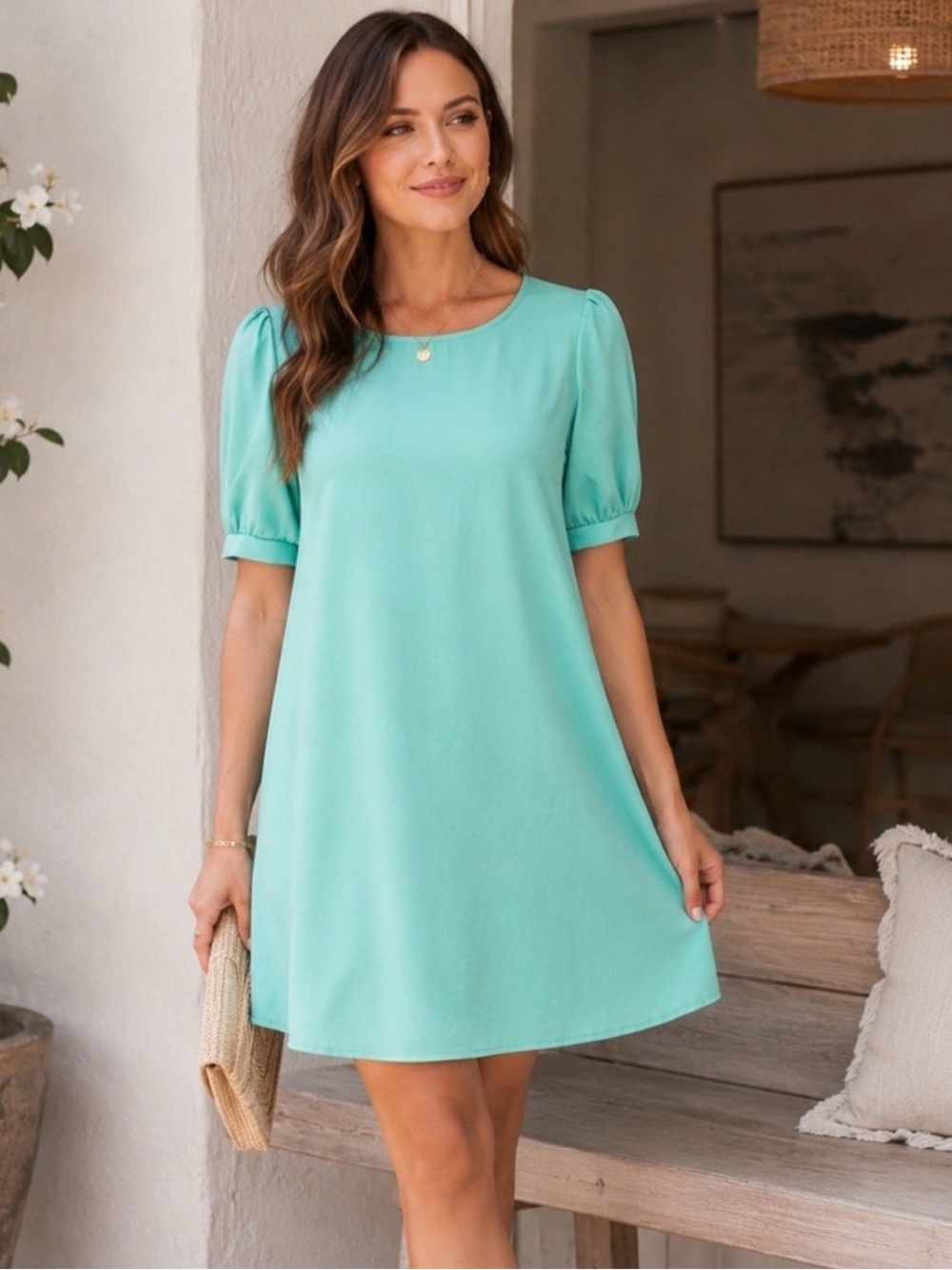 Coco & Main Mint Green Puff Sleeve Shift Dress Medium